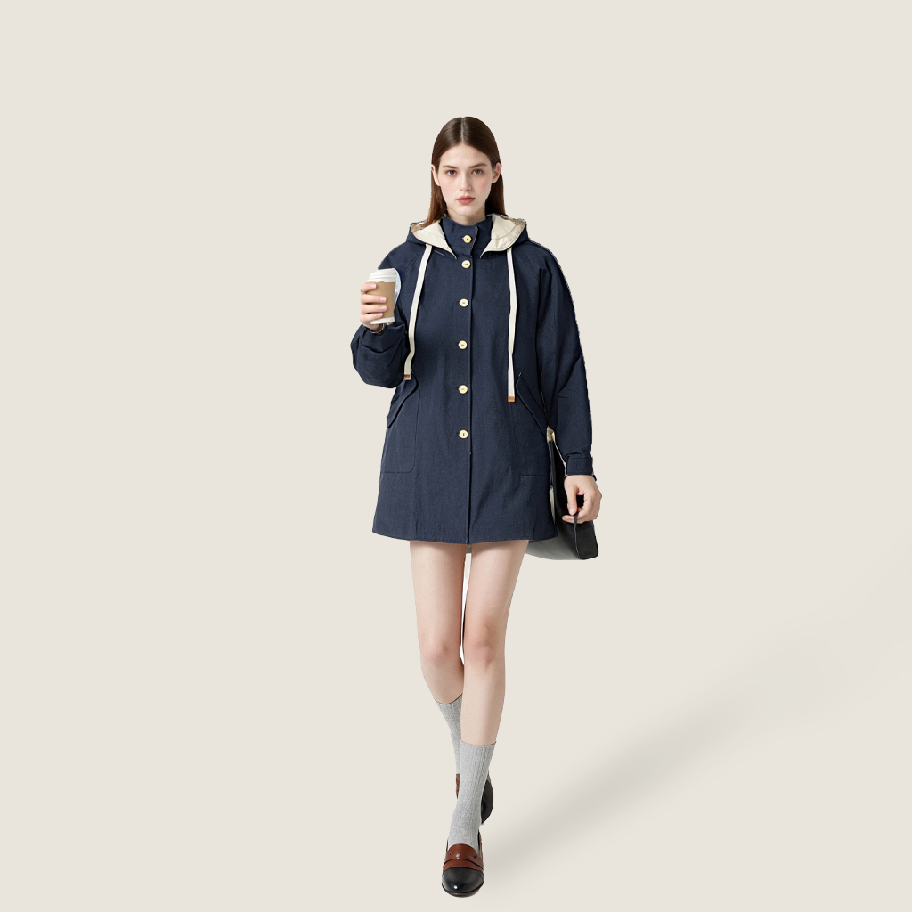 Women's Hooded Trench Coat-Trendy Button-Up Mid-Length Outerwear with Contrast Lining A10207