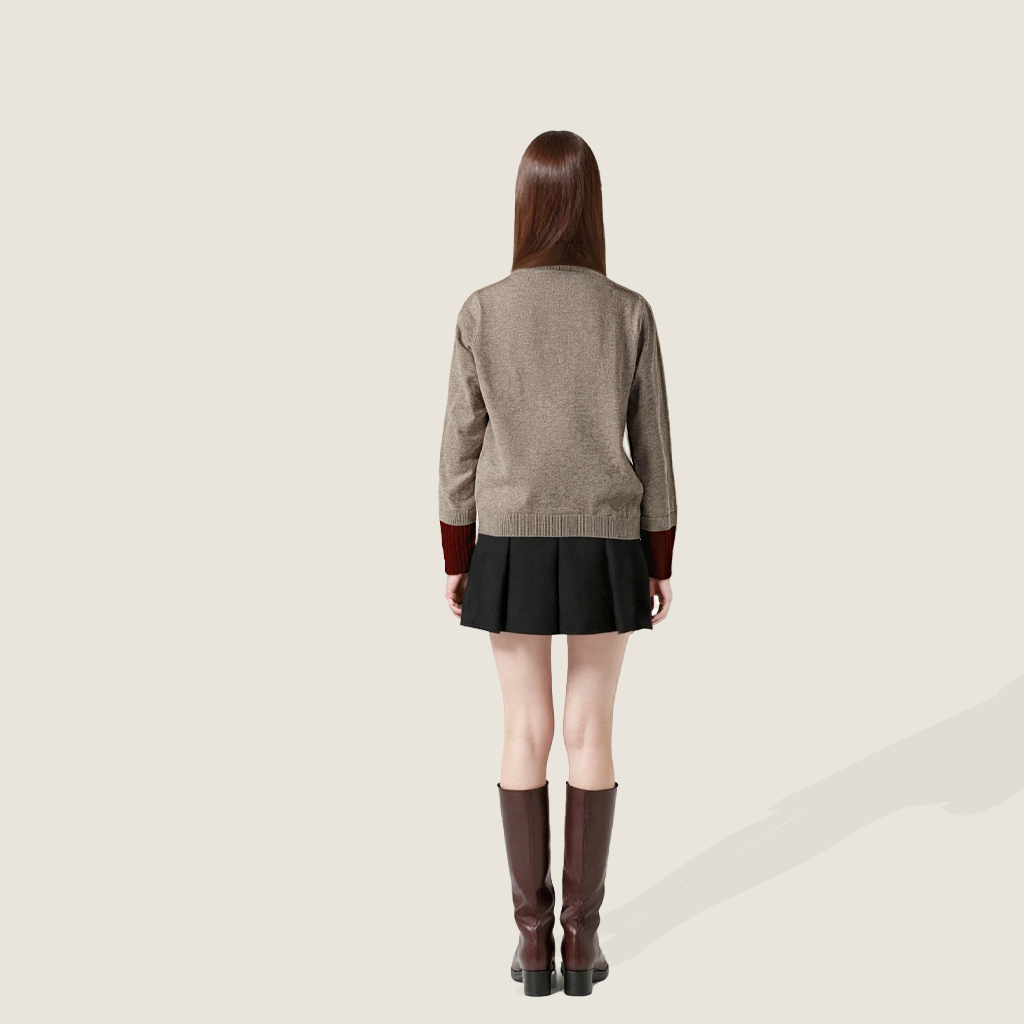 Women's Plain Henley Sweater with Color Contrast Cuffs A10213