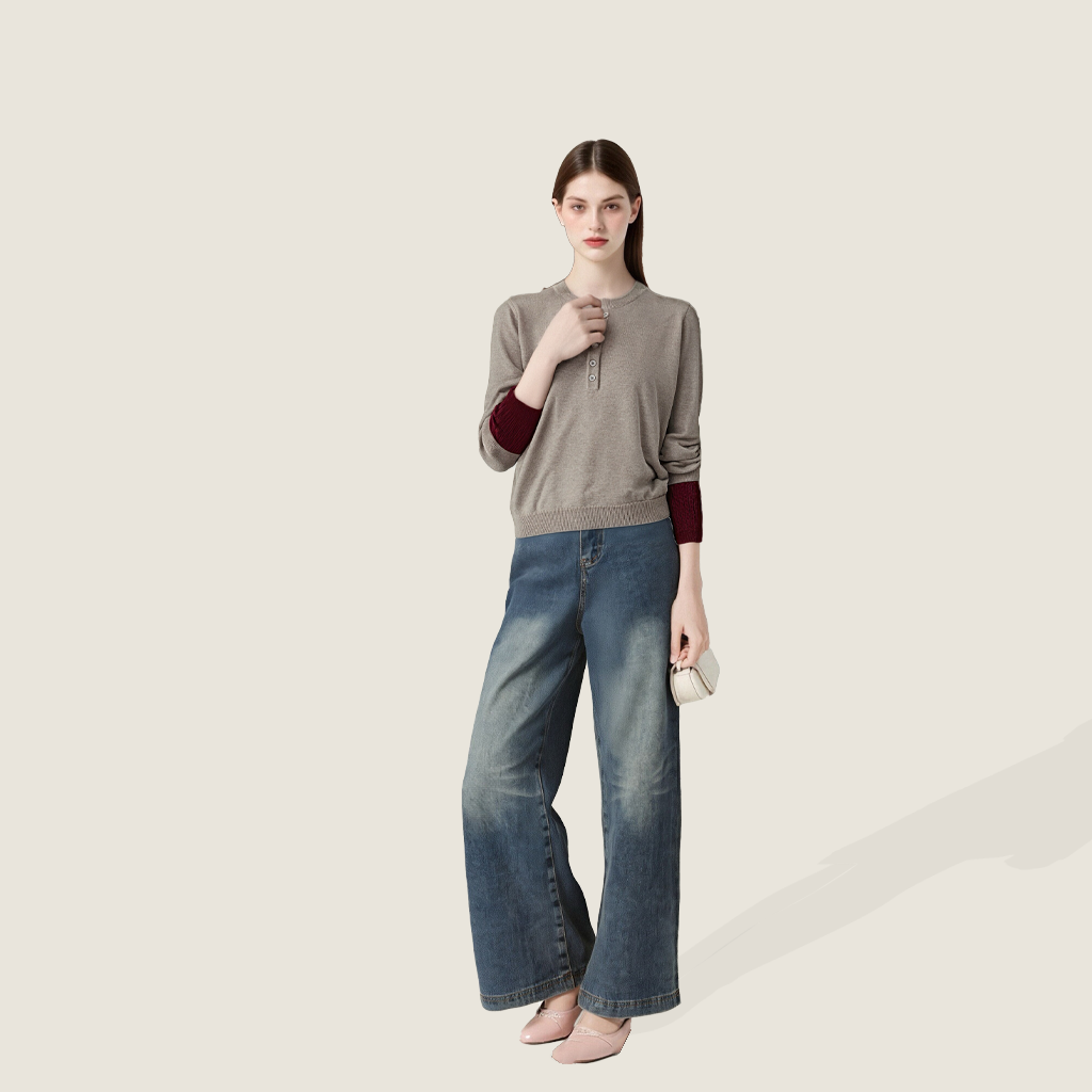 Women's Plain Henley Sweater with Color Contrast Cuffs A10213
