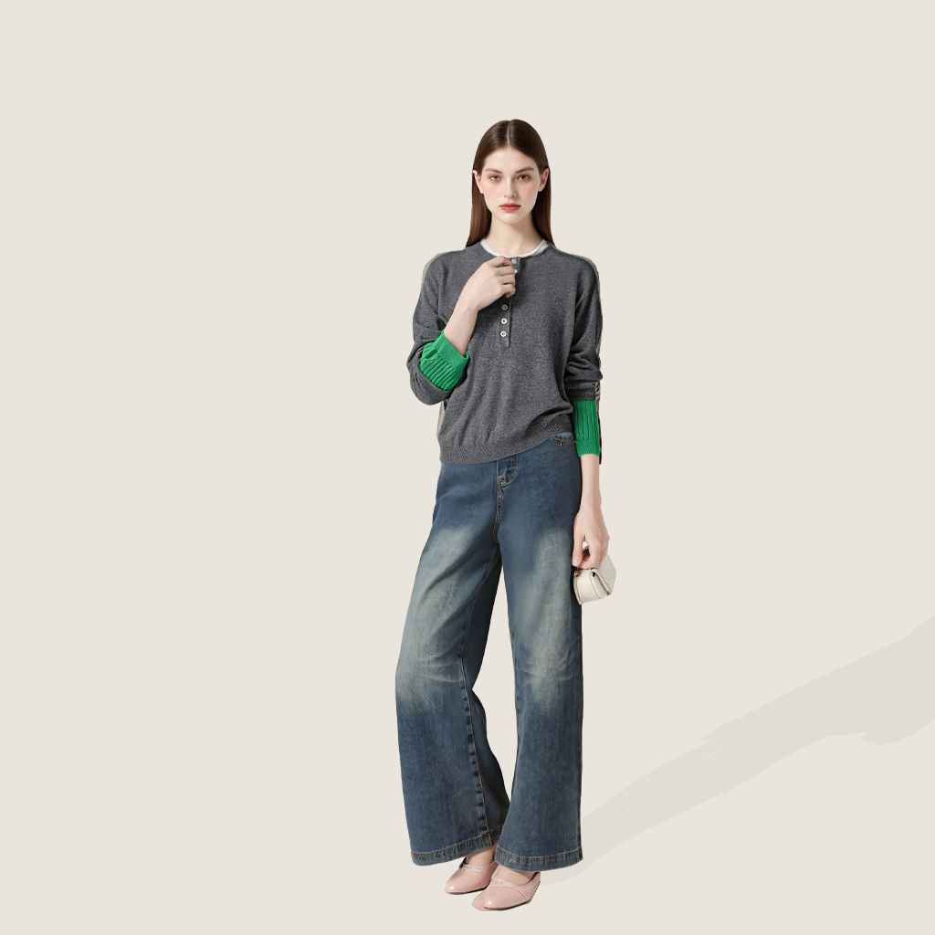 Women's Plain Henley Sweater with Color Contrast Cuffs A10213