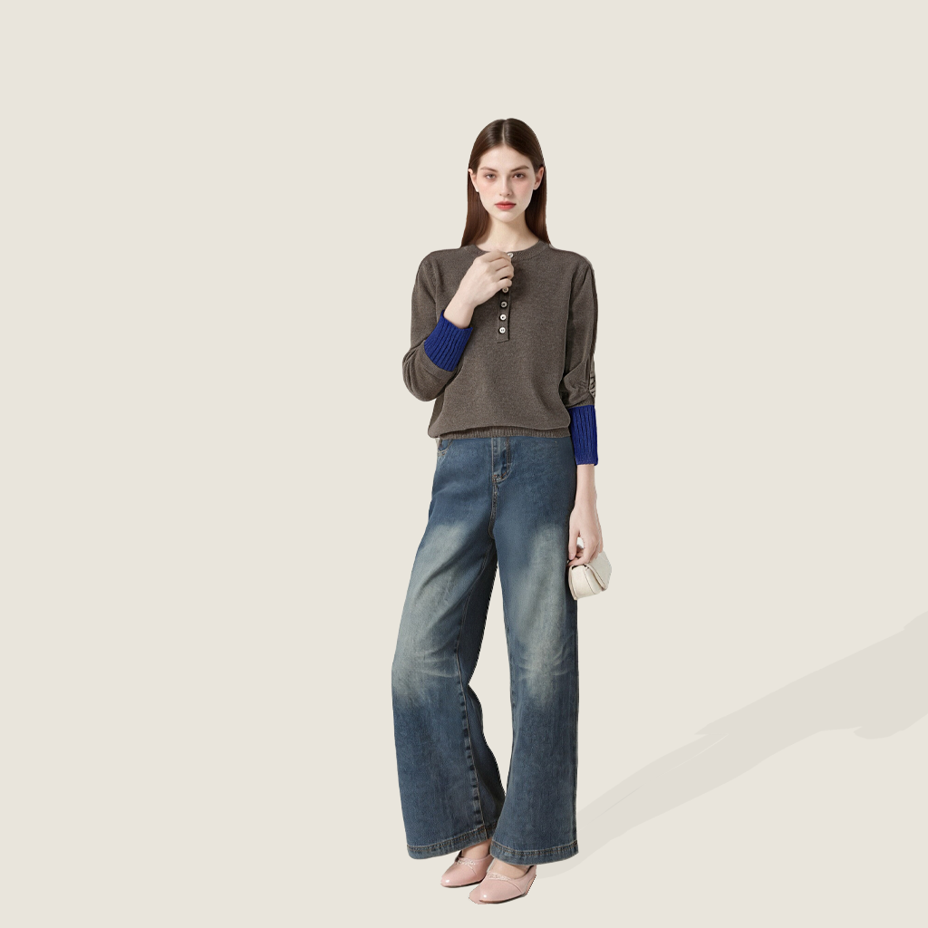 Women's Plain Henley Sweater with Color Contrast Cuffs A10213
