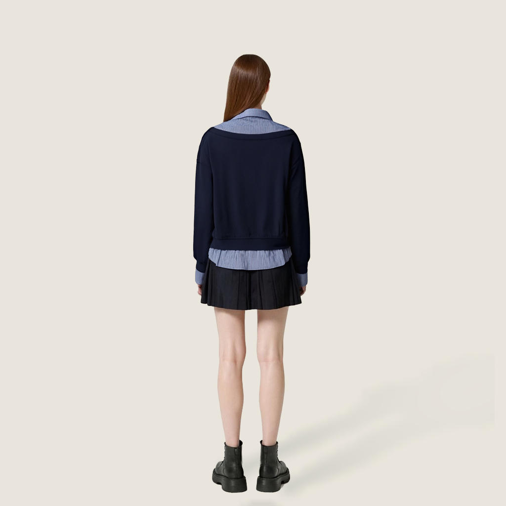 Women's Layered Off-Shoulder Sweatshirt with Plaid Shirt Detail A10238