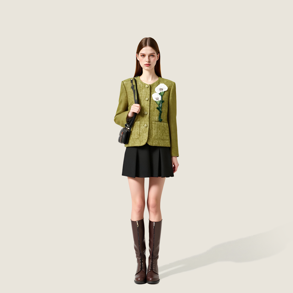 Women's Floral Embroidered Textured Cropped Jacket A10299