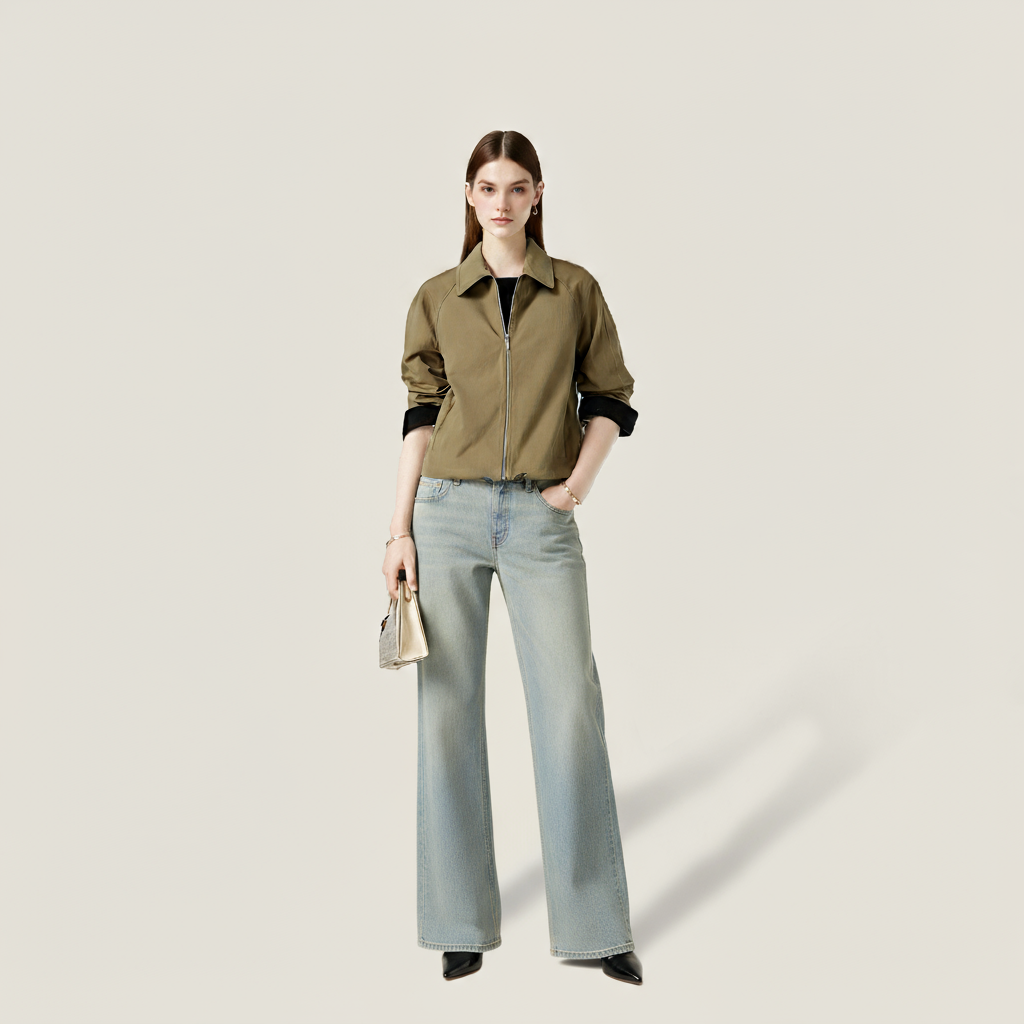Women's Khaki Zip-Up Jacket with Contrast Cuffs and Drawstring Hem A10272