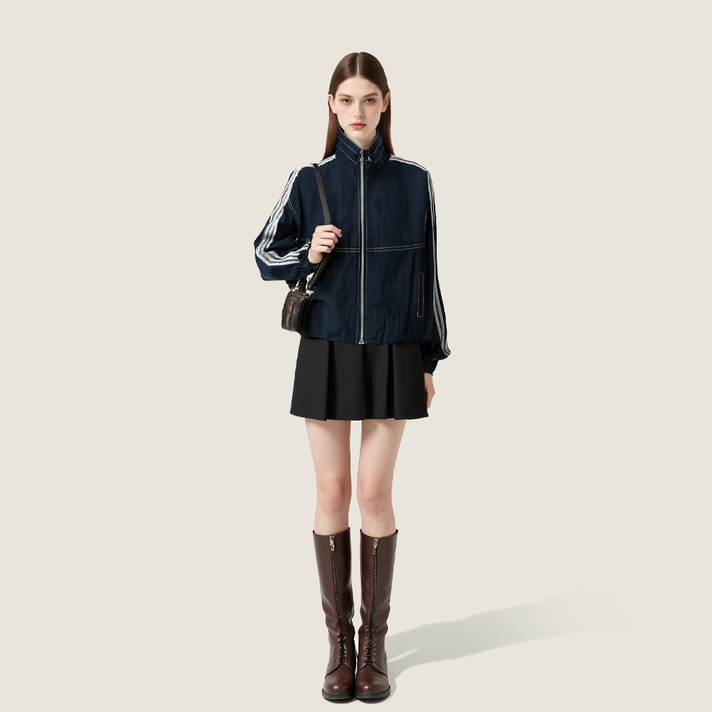 Women's Zip-Front Denim Jacket with Striped Sleeves Trendy Casual Bomber Jacket A10067