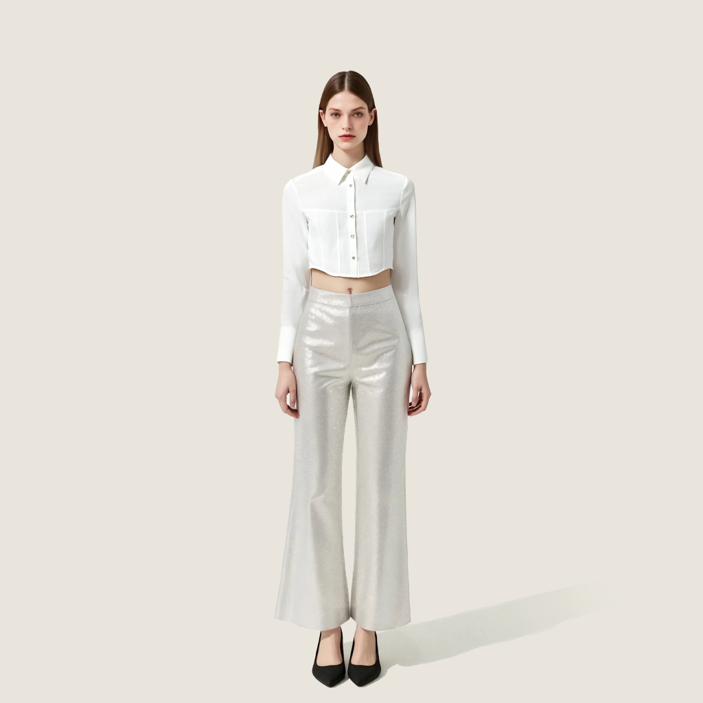 Women's Cropped Button-Down Shirt-Trendy Long Sleeve Collared Corset Top A10011