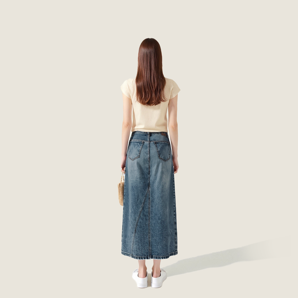 Women's Vintage Wash High-Waisted Denim Maxi Skirt with Side Slit A10259