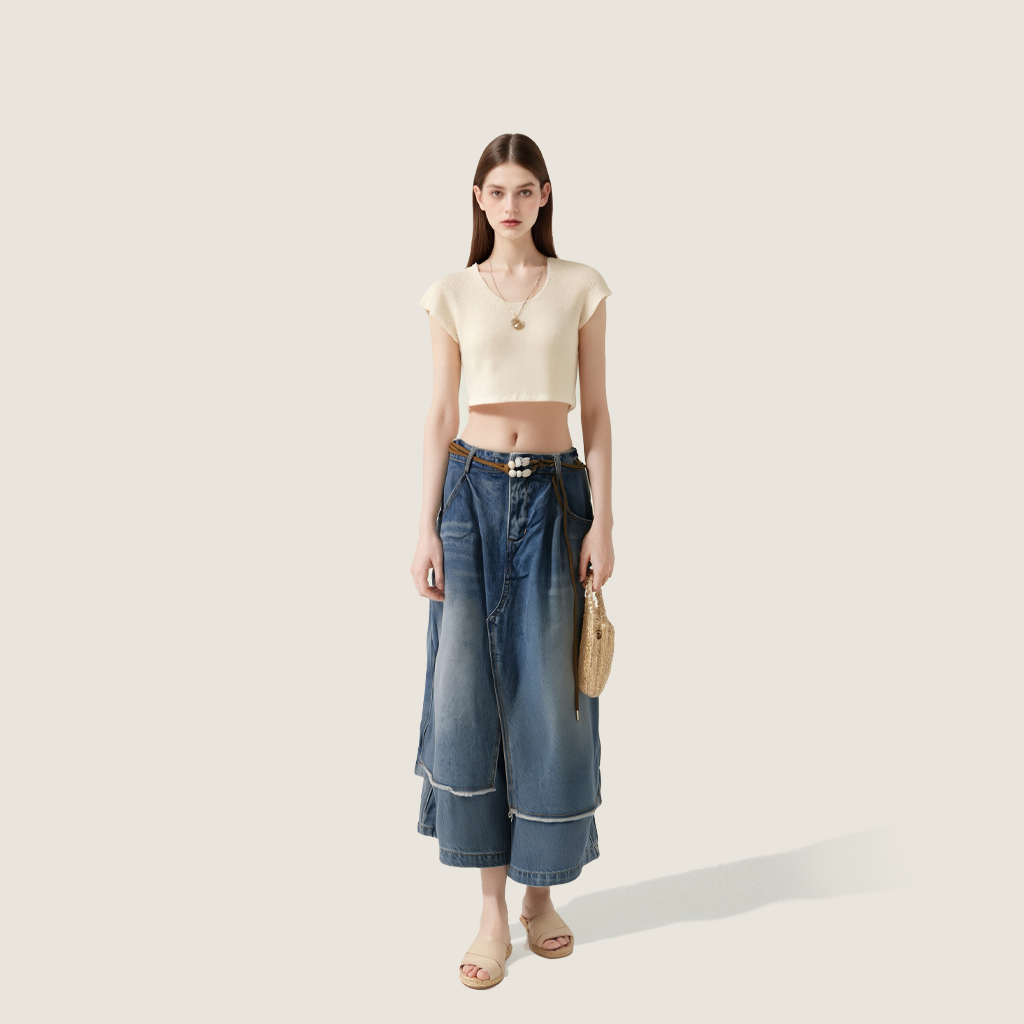 Women's Deconstructed Denim Shorts with Drawstring and Frayed Hem Unique Layered Design A10177