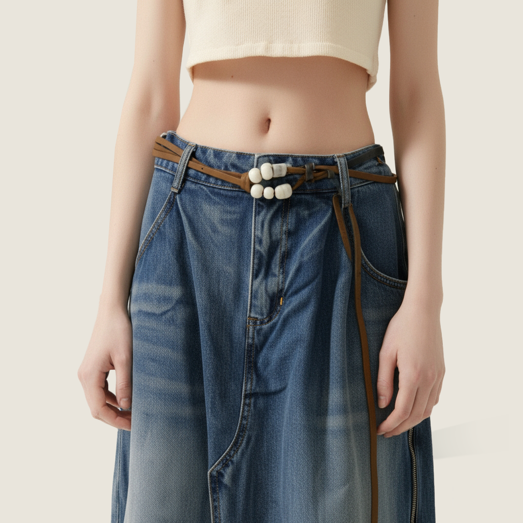 Women's Deconstructed Denim Shorts with Drawstring and Frayed Hem Unique Layered Design A10177