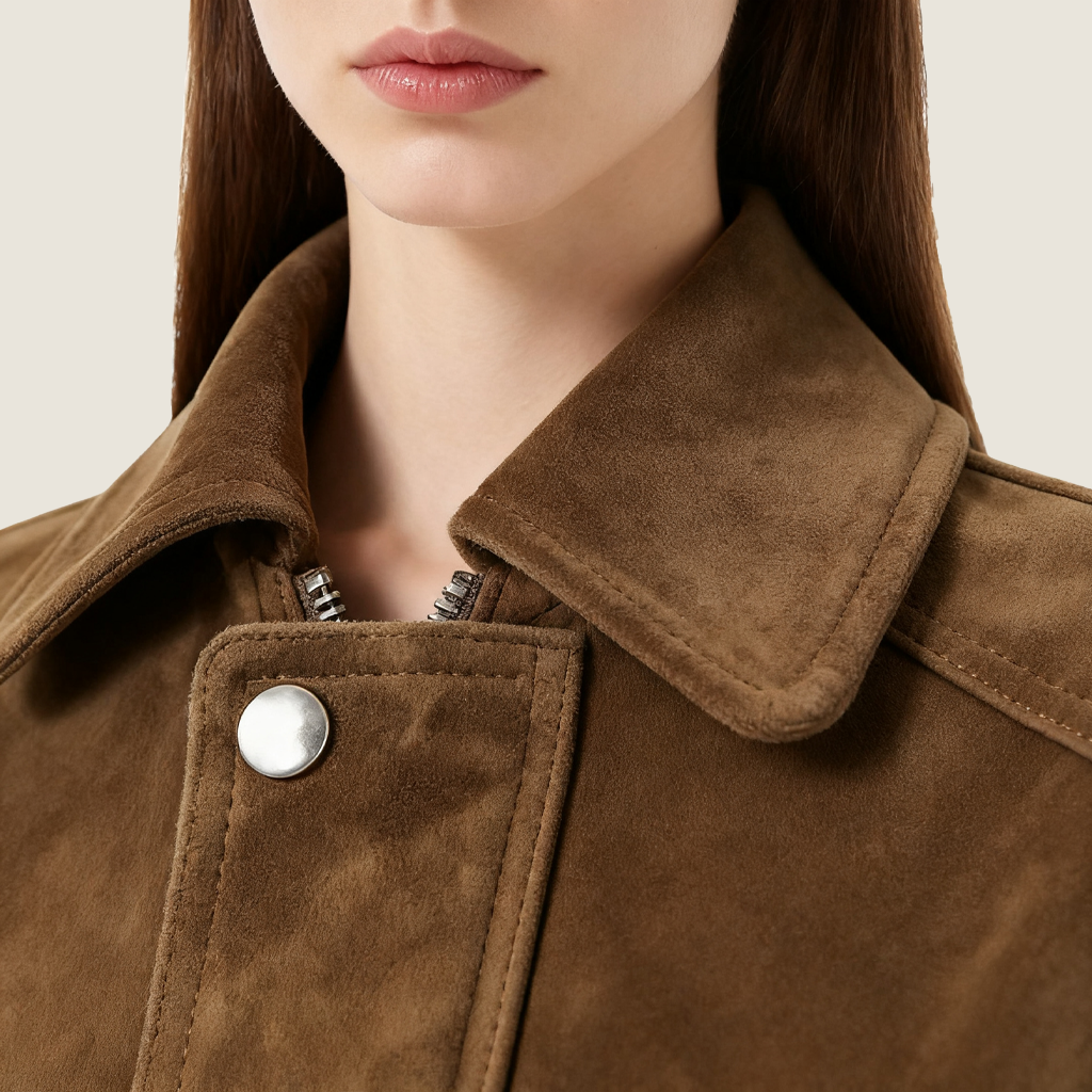 Women's Suede Cropped Jacket-Trendy Button-Up Collared Casual Outerwear A10315