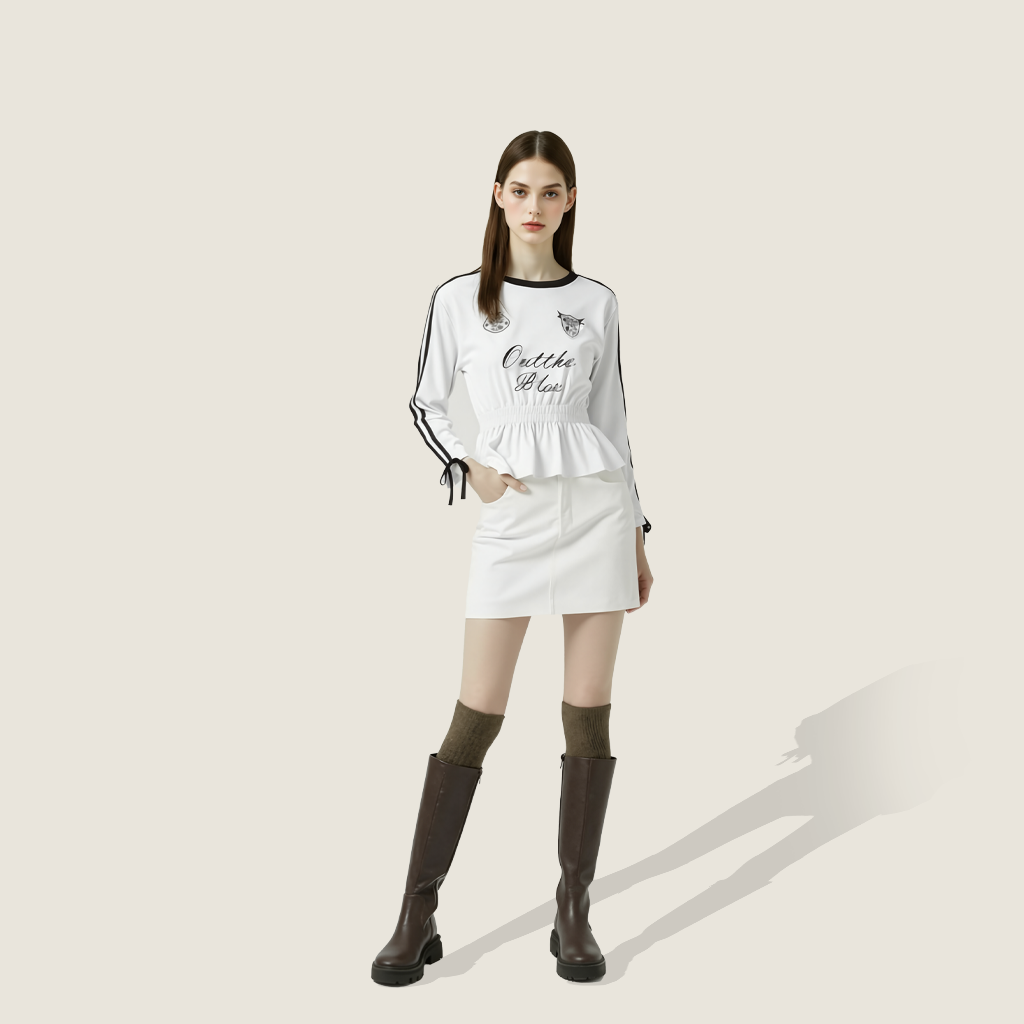 Women's Cropped Peplum Graphic Top with Long Striped Sleeves A10077