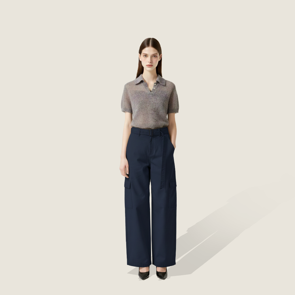 Women's High-Waisted Belted Cargo Pants-Trendy Utility Style with Wide Leg A10187