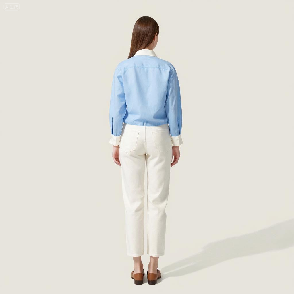 Women's Button-Down Shirt with Contrast Collar and Cuffs Trendy Long Sleeve Cropped Top A10084