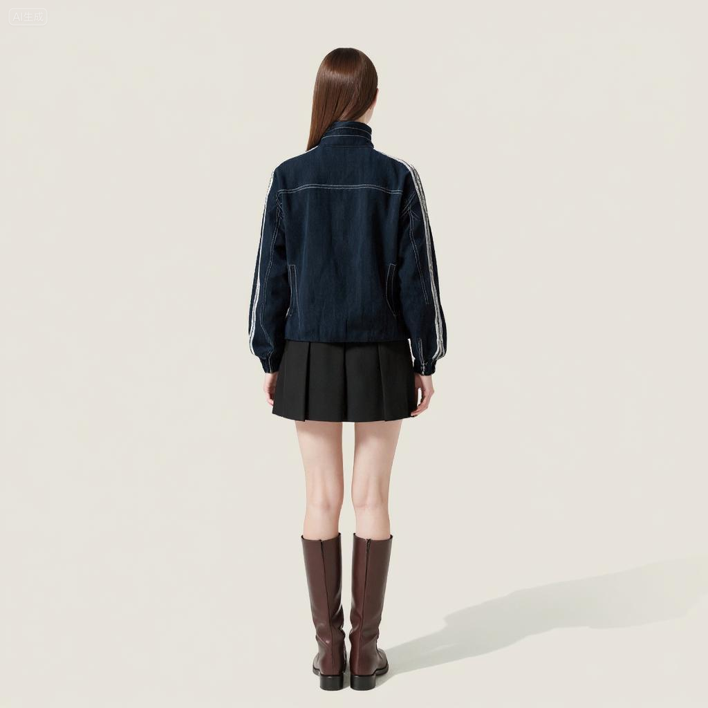 Women's Zip-Front Denim Jacket with Striped Sleeves Trendy Casual Bomber Jacket A10067