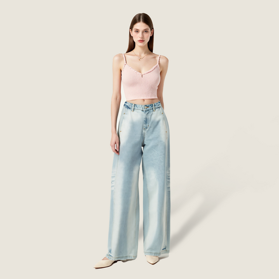 Women's Loose Wide Leg Denim Jeans with Back Embroidery A10039