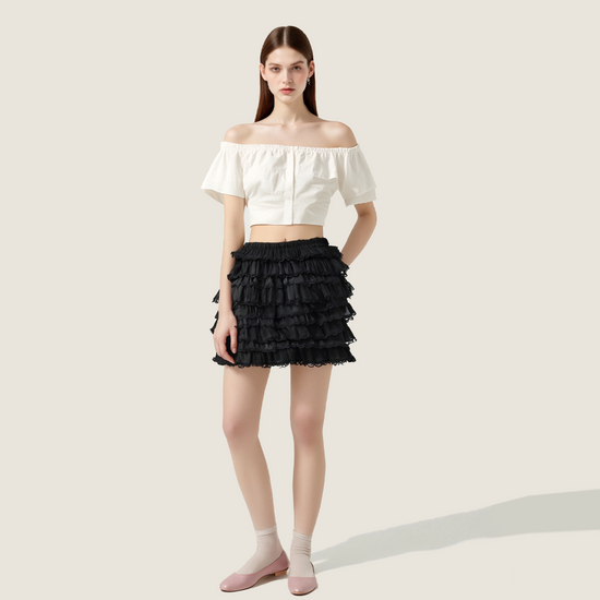 Women's Tiered Ruffle Mini Skirt with Lace Trim Trendy High-Waisted Casual Skirt A10078