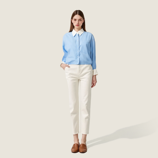 Women's Button-Down Shirt with Contrast Collar and Cuffs Trendy Long Sleeve Cropped Top A10084