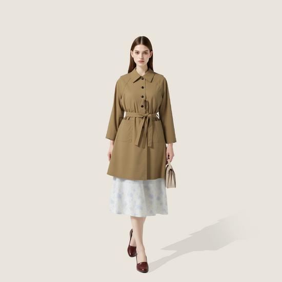 Women's Belted Trench Coat-Trendy Single-Breasted Lapel Mid Length Outerwear A10165