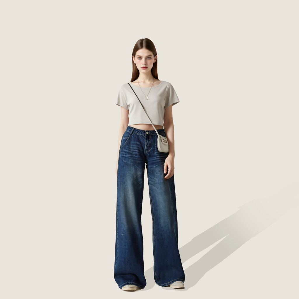 Women's Trendy Vintage Denim Baggy High Waisted Wide-Leg Pants A10175
