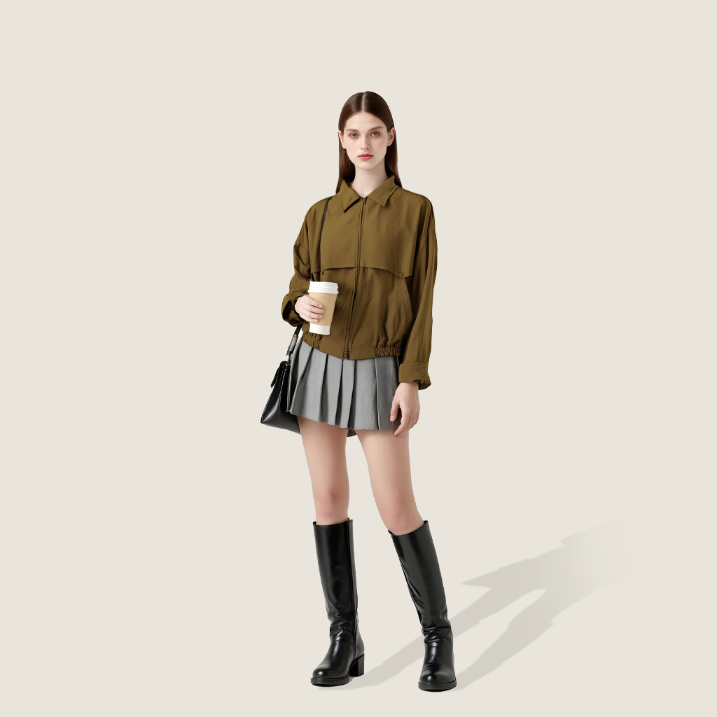 Women's Cropped Zip-Up Jacket with Collar A10178