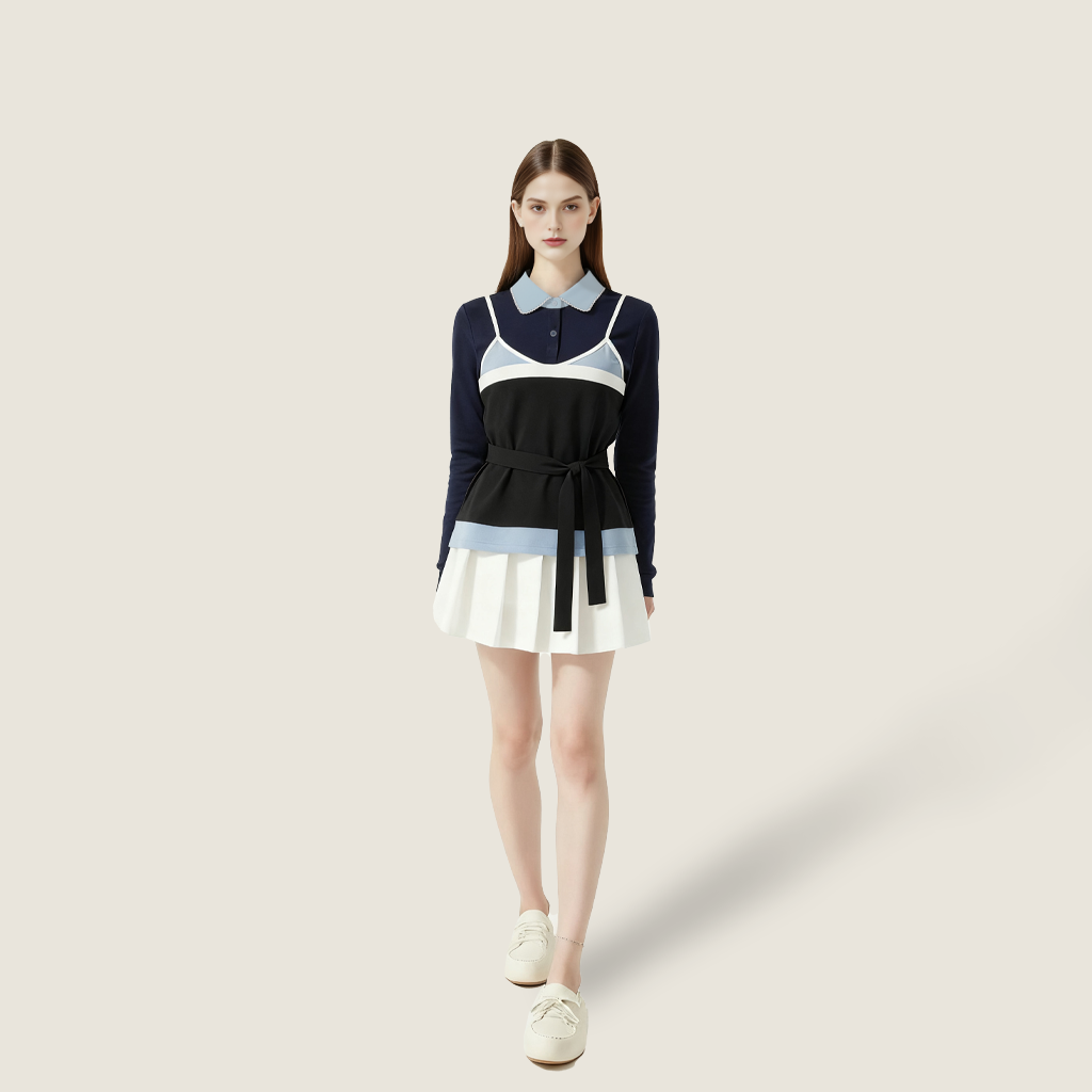 Women's Collared Long Sleeve Tie Waist T-Shirt Bikini Cover Up Layered Look A10180