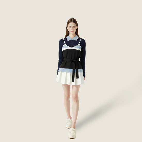 Women's Collared Long Sleeve Tie Waist T-Shirt Bikini Cover Up Layered Look A10180