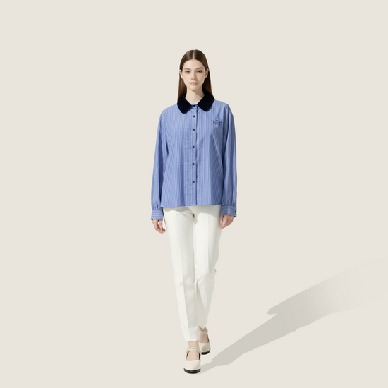 Women's Blue Striped Button-Down Shirt with Black Collar Casual Long Sleeve Top A10191