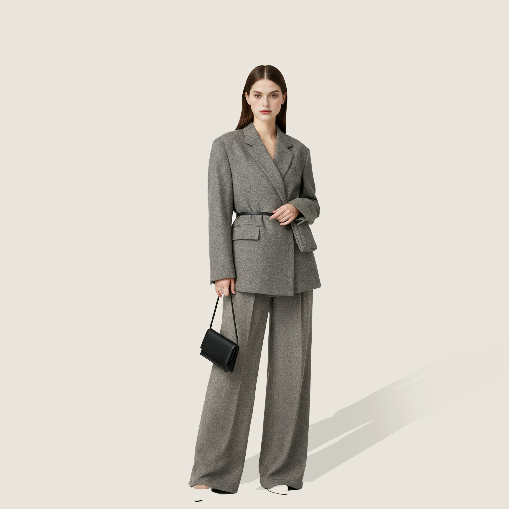 Tailored Wool Belted Suit Two-Piece Set A10218