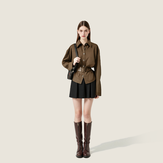 Women's Suede Button Front Collared Belted Shirt Jacket A10233