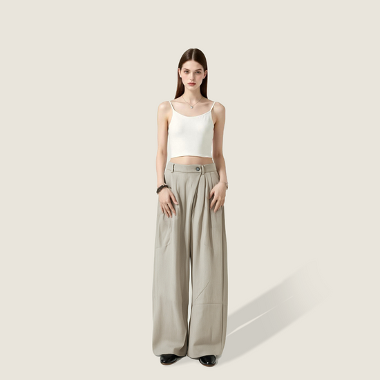 Women's High-Waisted Wide-Leg Pants with Pleated Detail A10234