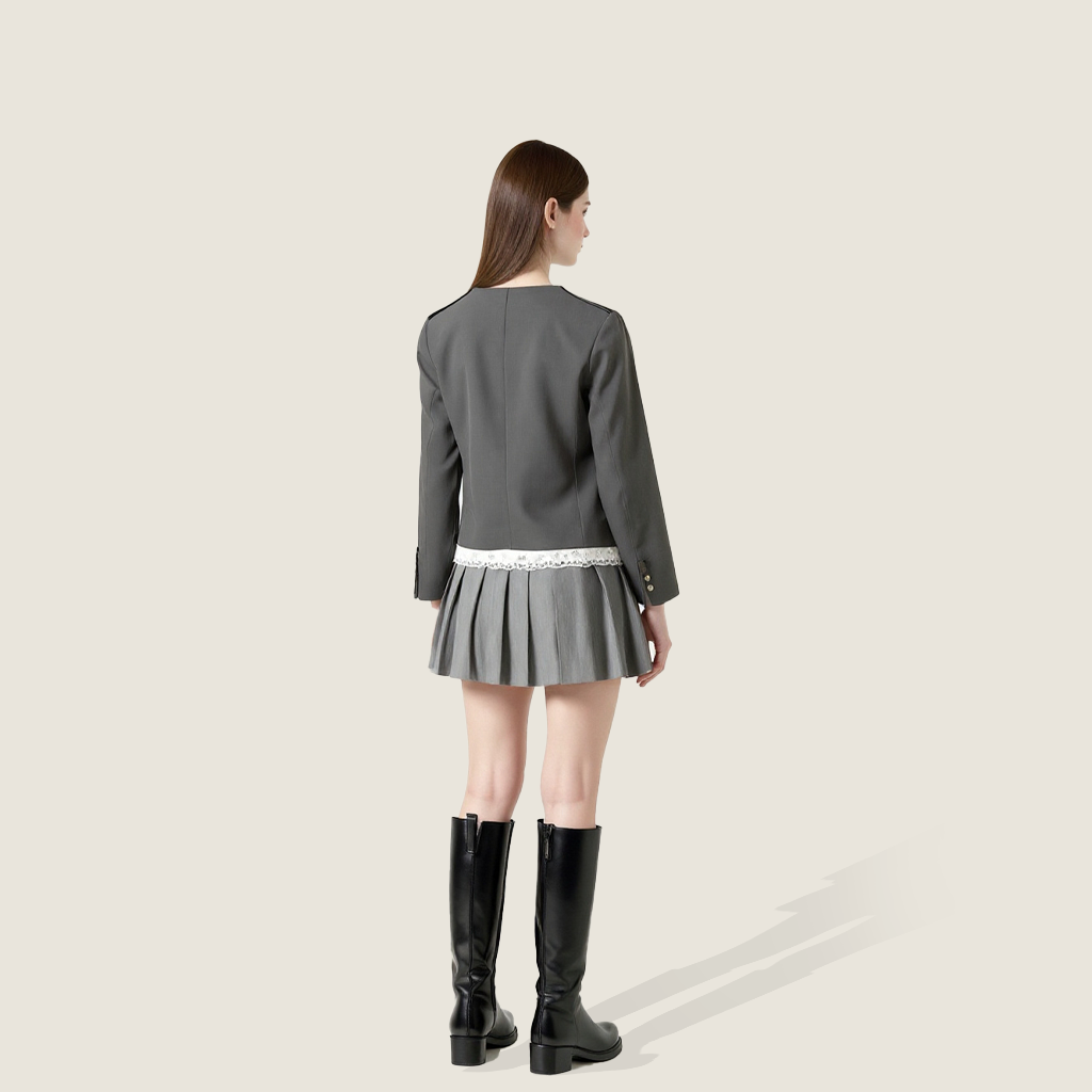 Women's Pearl Button V-Neck Cropped Blazer with Lace Trim A10257