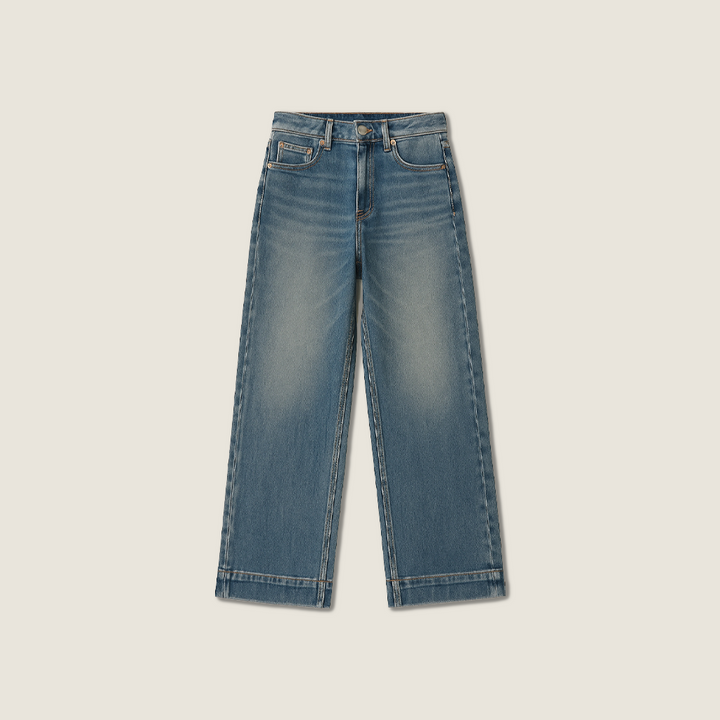 Women's High-Waisted Wide-Leg Jeans Vintage Washed Denim A10261