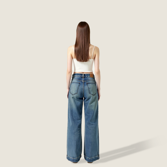 Women's High-Waisted Wide-Leg Jeans Vintage Washed Denim A10261