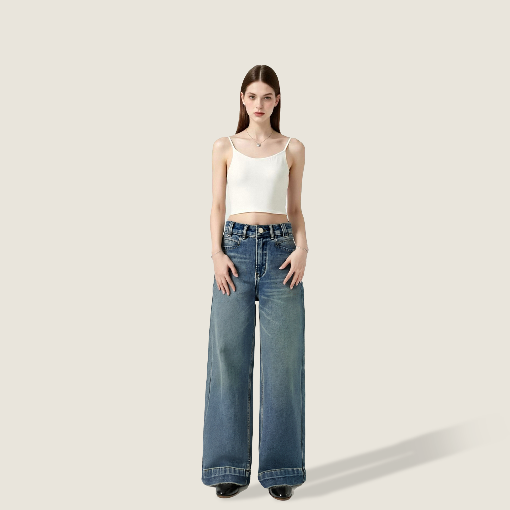Women's High-Waisted Wide-Leg Jeans Vintage Washed Denim A10261