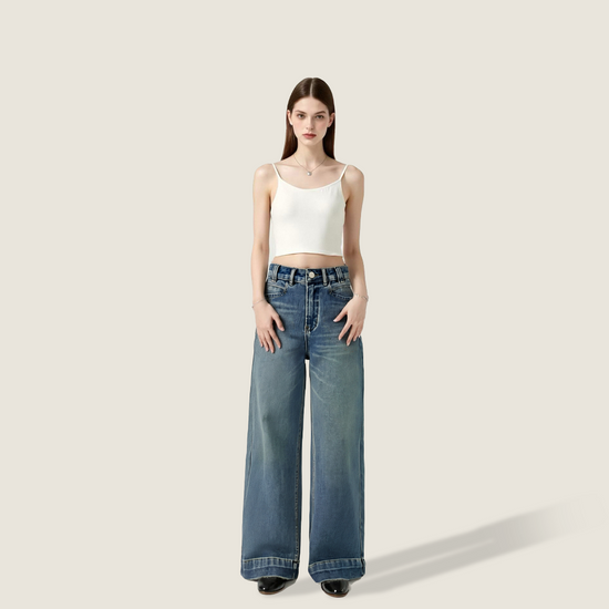 Women's High-Waisted Wide-Leg Jeans Vintage Washed Denim A10261
