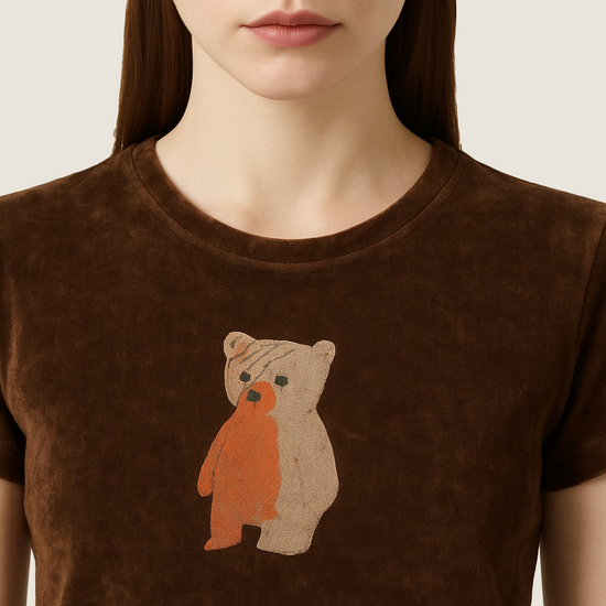 Women's Velvet Short-Sleeve T-Shirt with Cute Bear Graphic A10267