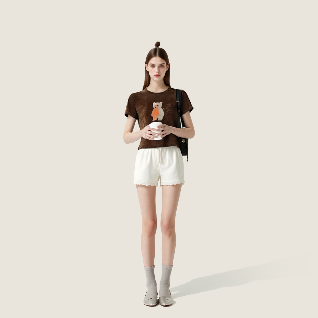 Women's Velvet Short-Sleeve T-Shirt with Cute Bear Graphic A10267