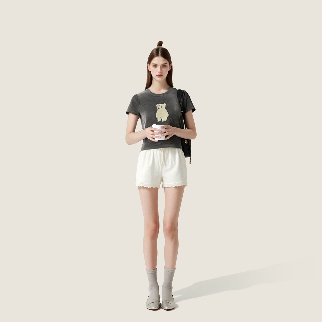 Women's Velvet Short-Sleeve T-Shirt with Cute Bear Graphic A10267