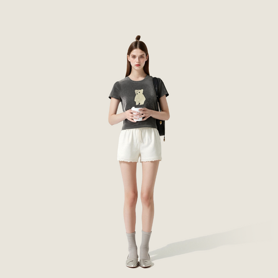 Women's Velvet Short-Sleeve T-Shirt with Cute Bear Graphic A10267
