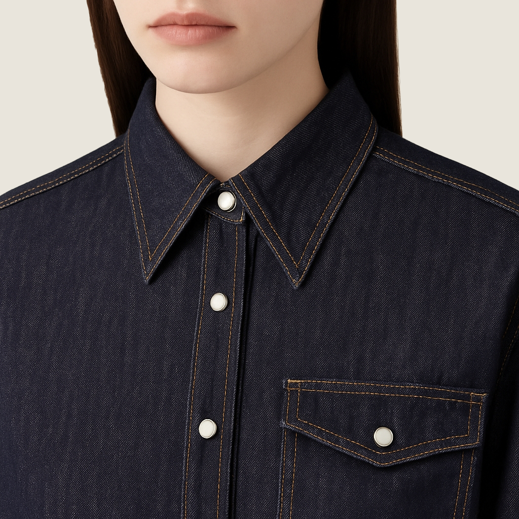 Women's Retro Denim Button-Down Long Sleeve Collared Shirt with Contrast Stitching A10268