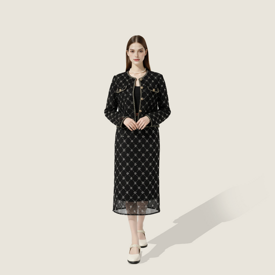 Embroidered Tweed Jacket and Matching Midi Skirt A10411