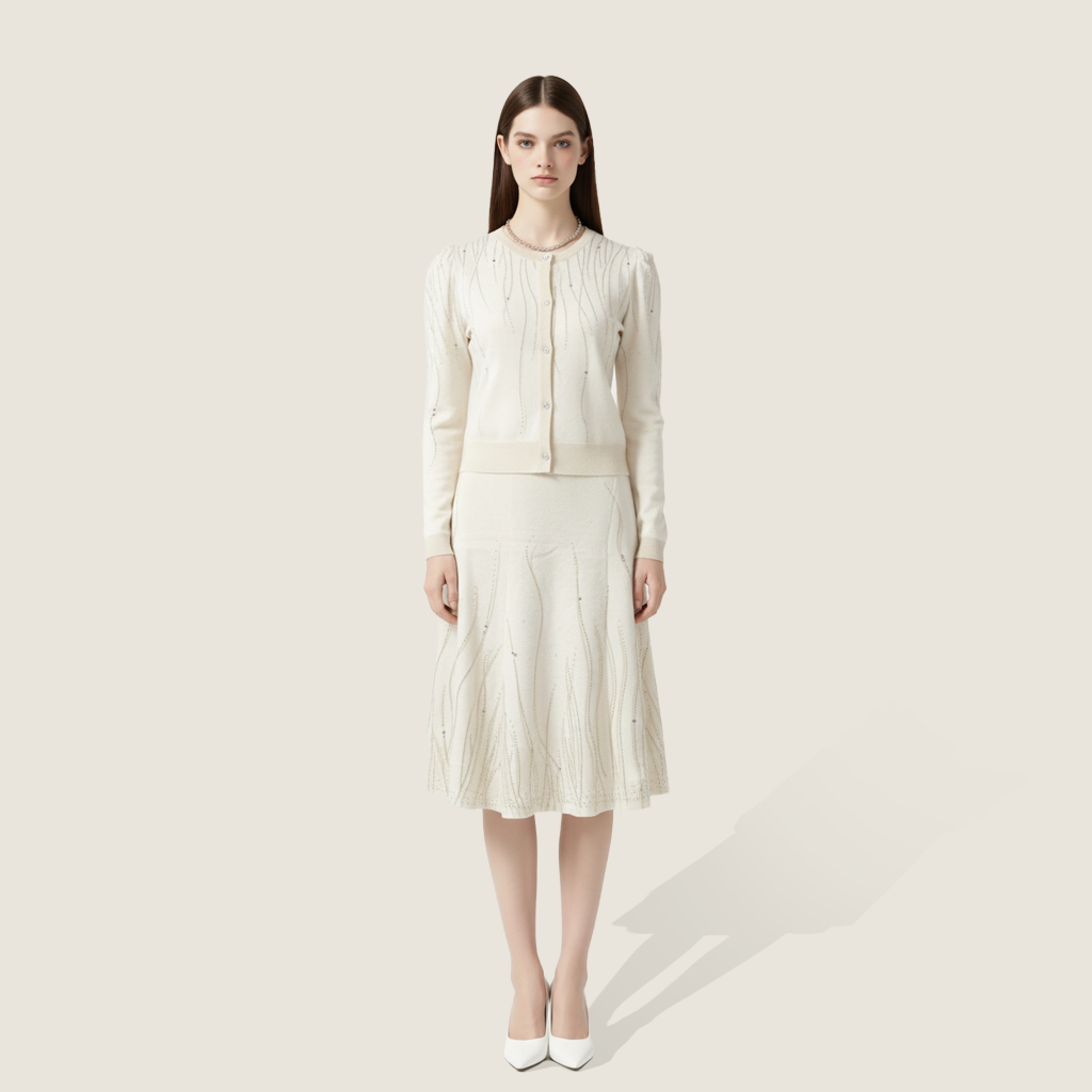 Embelished Puff Shoulder Cardigan Set - M31N