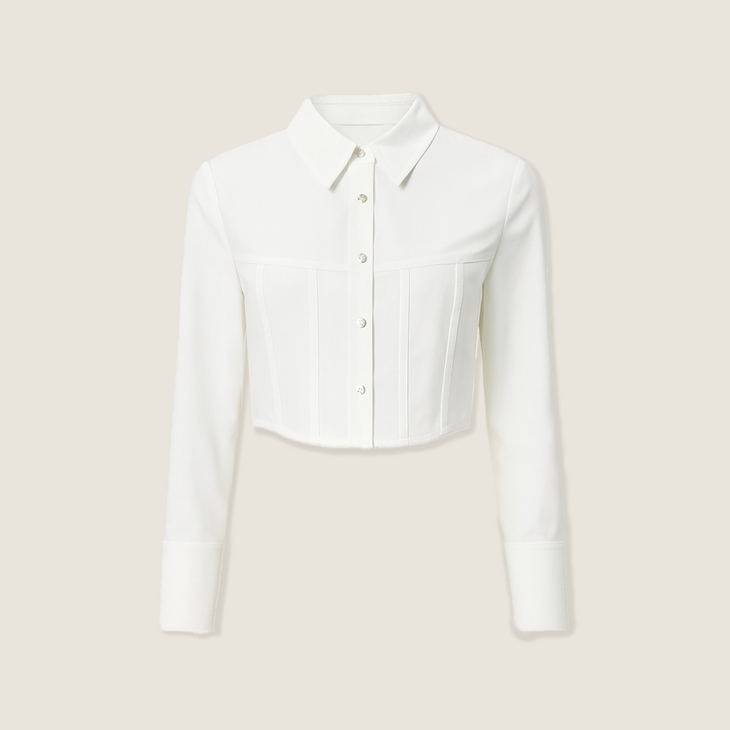Women's Cropped Button-Down Shirt-Trendy Long Sleeve Collared Corset Top A10011