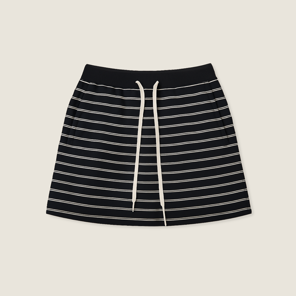 Women's Black and White Striped Drawstring Mini Skirt-Trendy Casual High-Waisted Skirt A10056