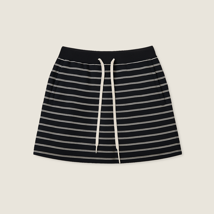 Women's Black and White Striped Drawstring Mini Skirt-Trendy Casual High-Waisted Skirt A10056
