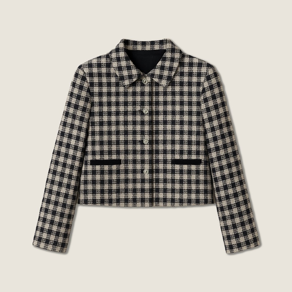 Women's Plaid Cropped-Trendy Button-Up Long Sleeve Collared Coat A10205