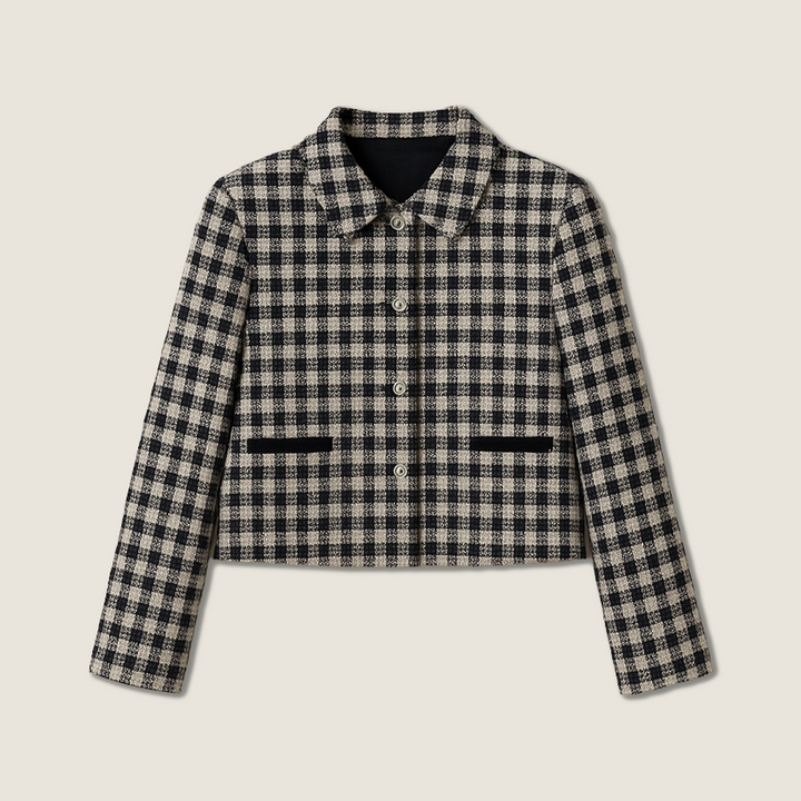 Women's Plaid Cropped-Trendy Button-Up Long Sleeve Collared Coat A10205