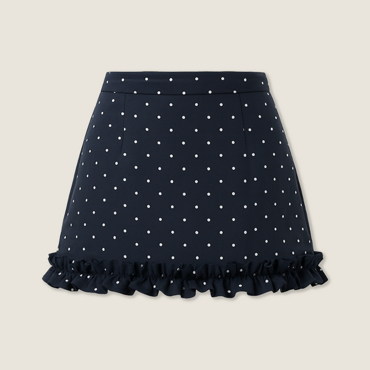 Women's Flower-Trimmed Polka Dot High Waist A Line Mini Skirt A10144