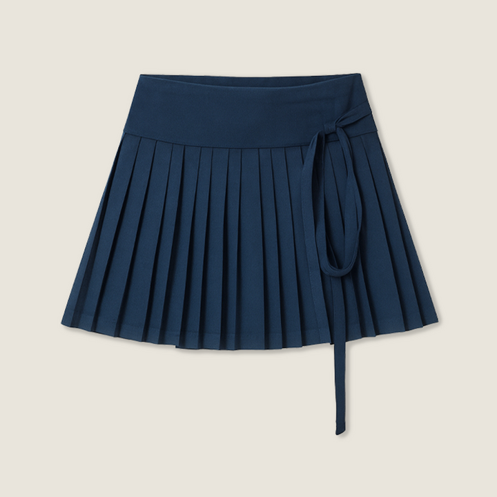 Women's Pleated Mini Skirt with Tie Belt-Trendy High-Waisted A-Line Skirt A10025