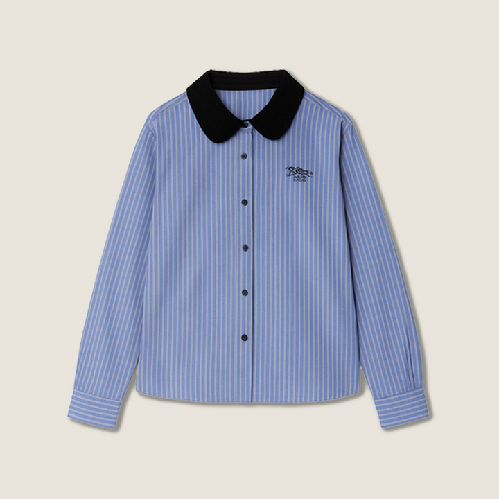 Women's Blue Striped Button-Down Shirt with Black Collar Casual Long Sleeve Top A10191